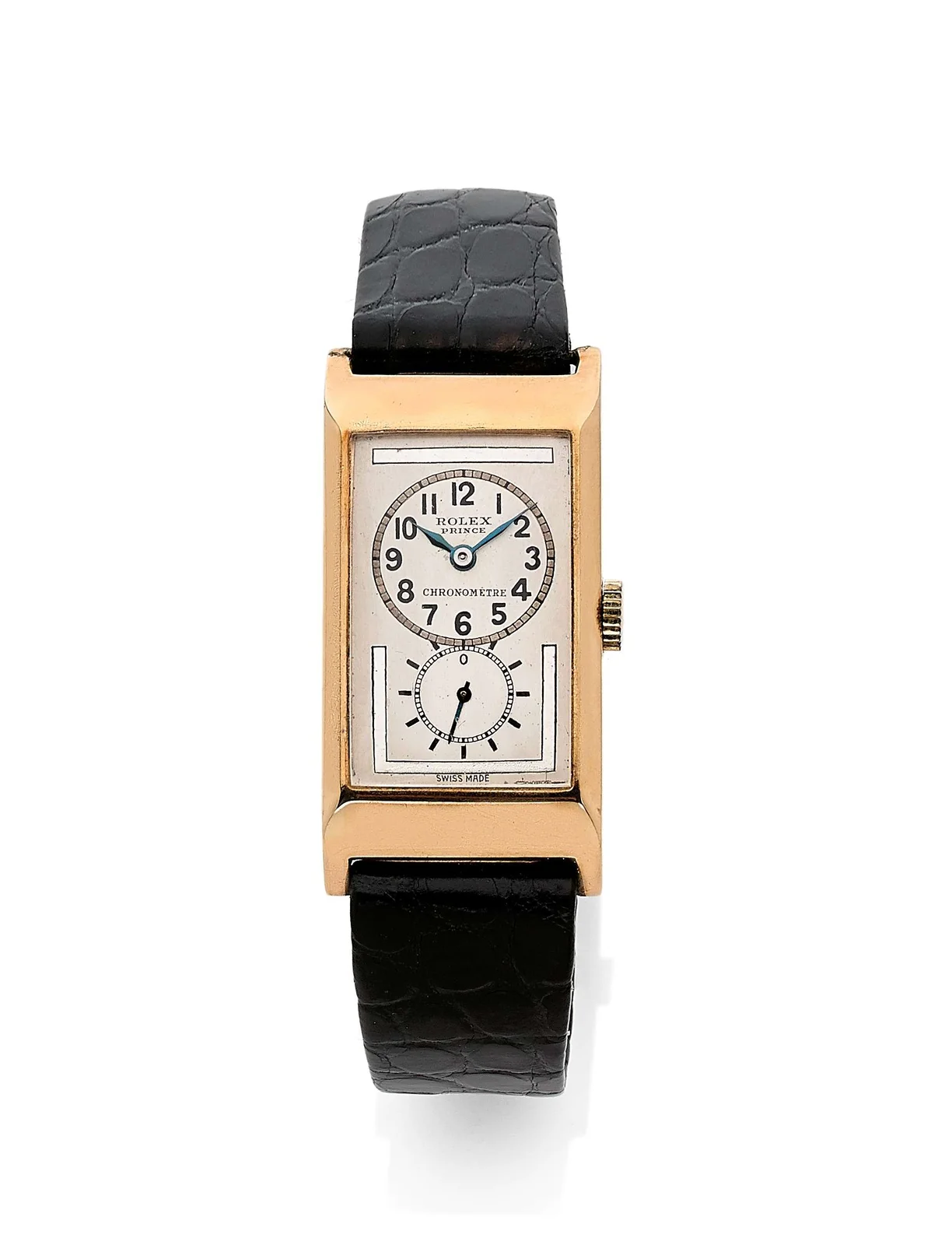 Rectangular yellow-gold Rolex Prince ref. 1541 with two-register dial, Artcurial case 39658