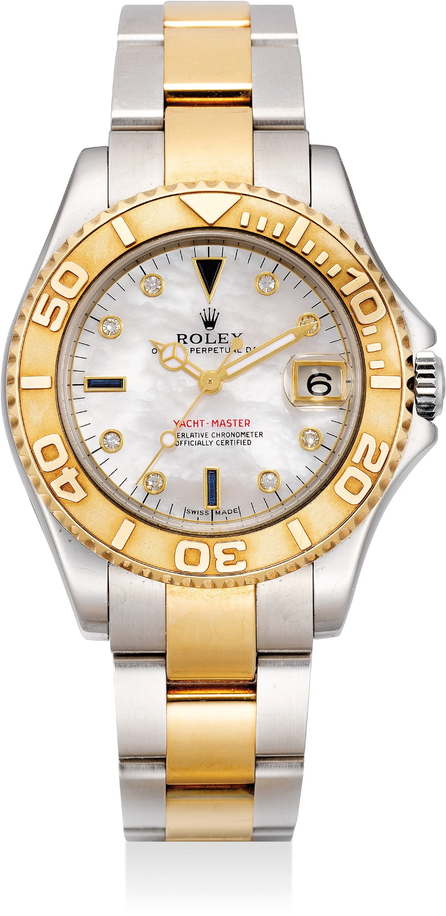 Rolex Yacht-Master ref. 168623 with a mother-of-pearl dial, diamond and sapphire indexes, and yellow-gold bezel