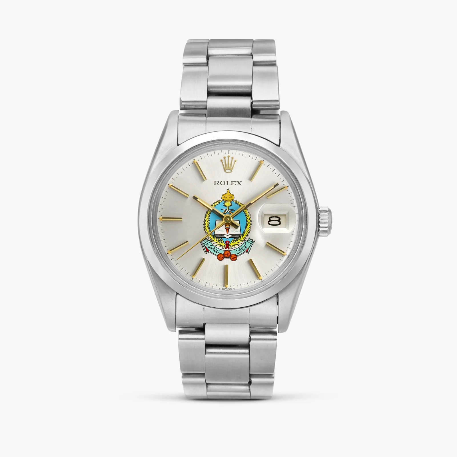 Steel Rolex Datejust 16000 with a King Khalid Military Academy crest on its silvered dial