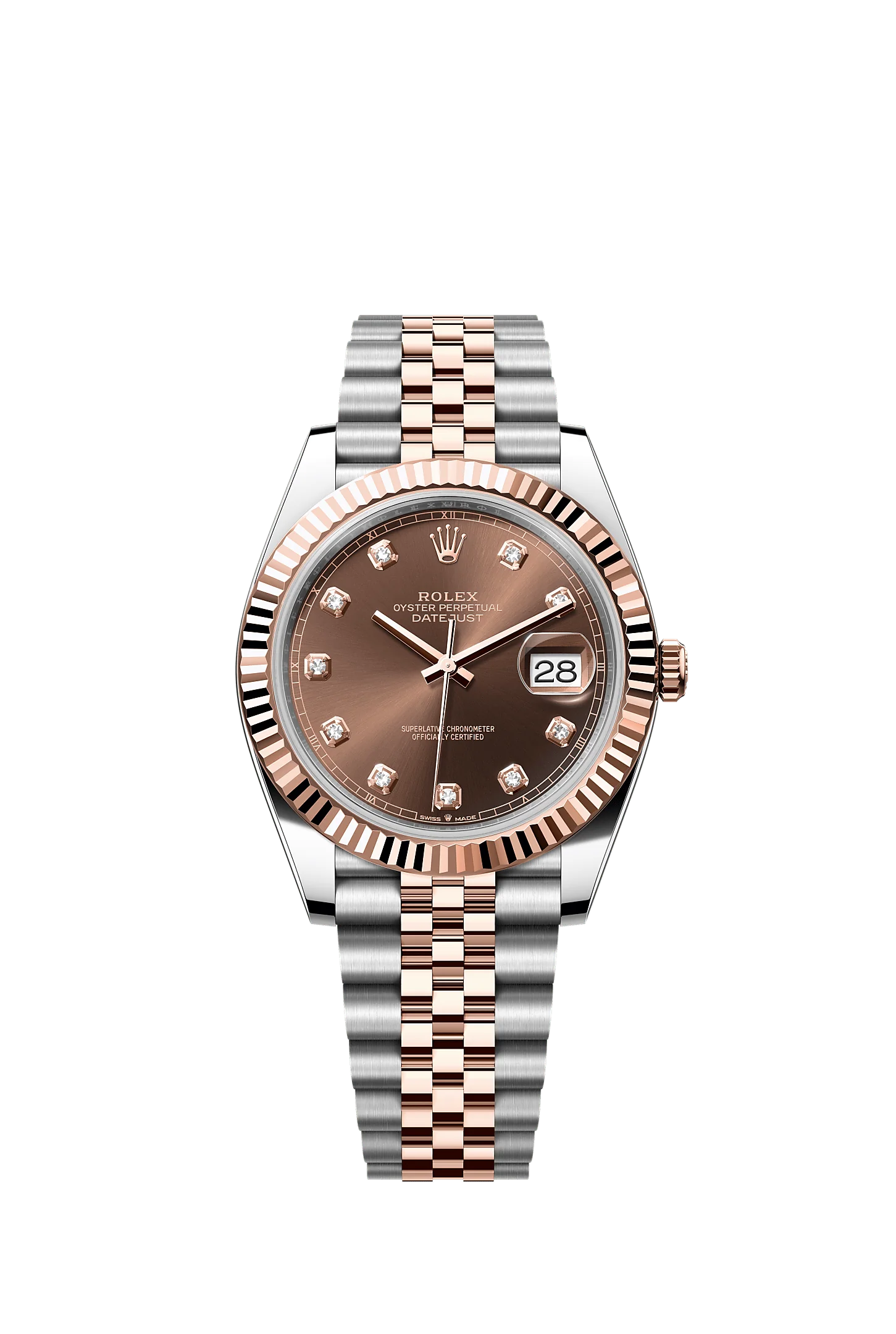 Rolex Datejust 41 ref. 126331 in Everose Rolesor with fluted bezel, chocolate diamond-set dial and Jubilee bracelet